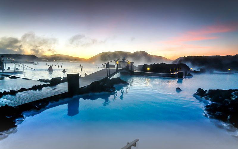 Steam rising from the blue lagoon hot spring in Iceland