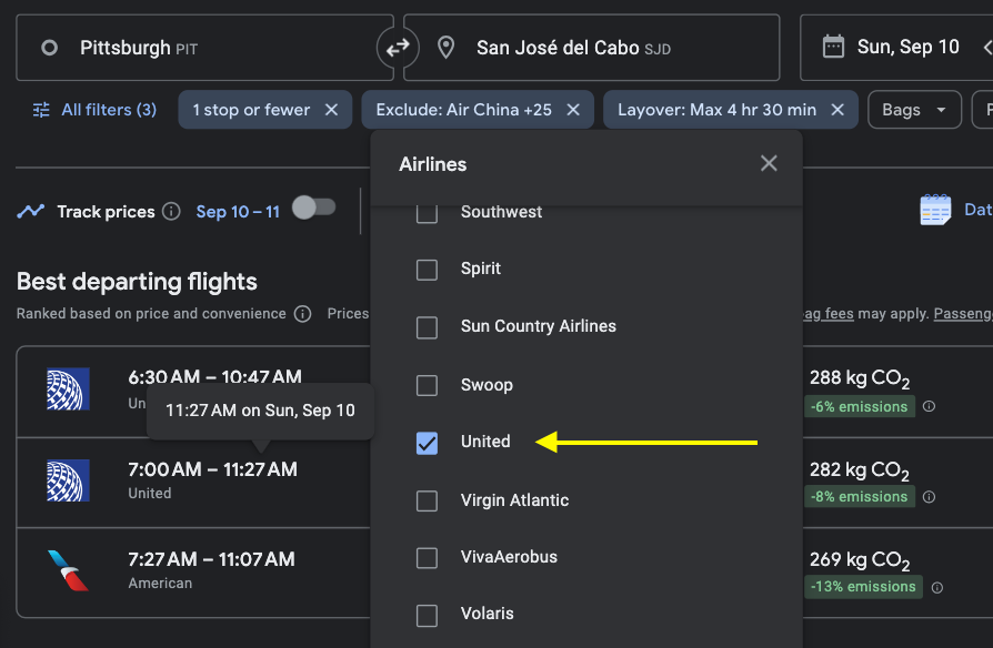Screen shot of google flights search result using airline filter