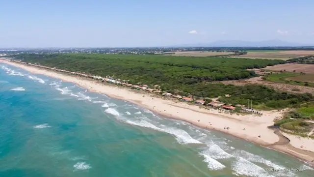 Ariel view of waves washing a shore on a long white sand beach.