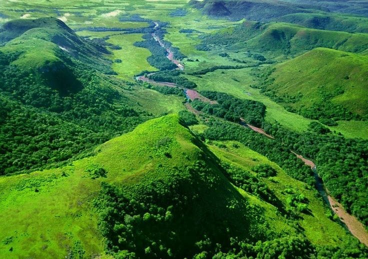 Aerial view of Valle del Lunarejo in Uruguay, showcasing lush green hills, dense forests, and a winding river cutting through the vibrant landscape under a clear sky.