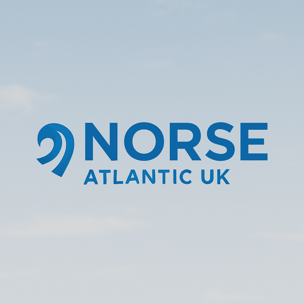 Norse Atlantic UK logo with bold blue text and a stylized wave icon on a light sky background.