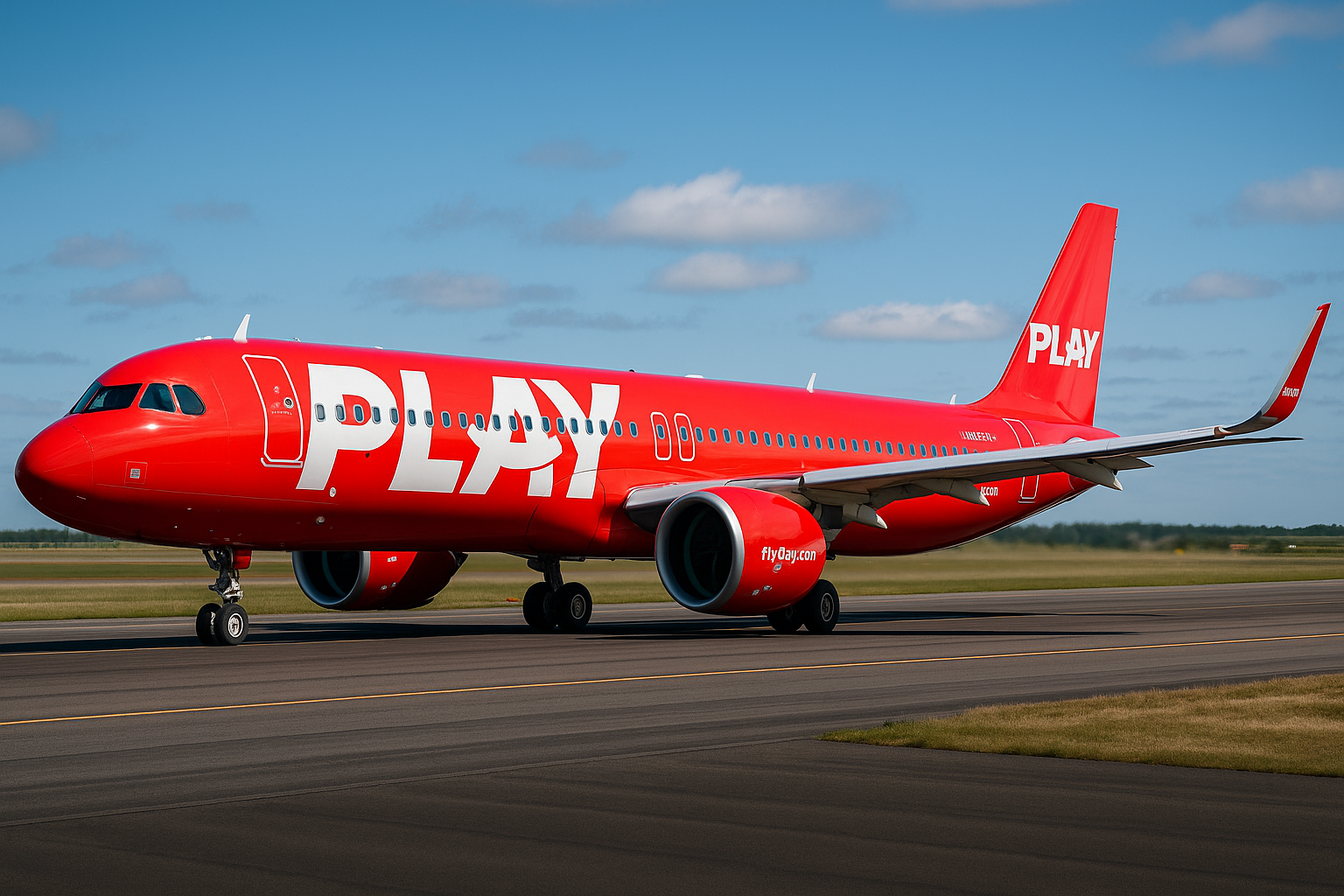 A Solid Red Airplane With The Word Play On The Side Of It Sitting On The Runway Of An Airport.
