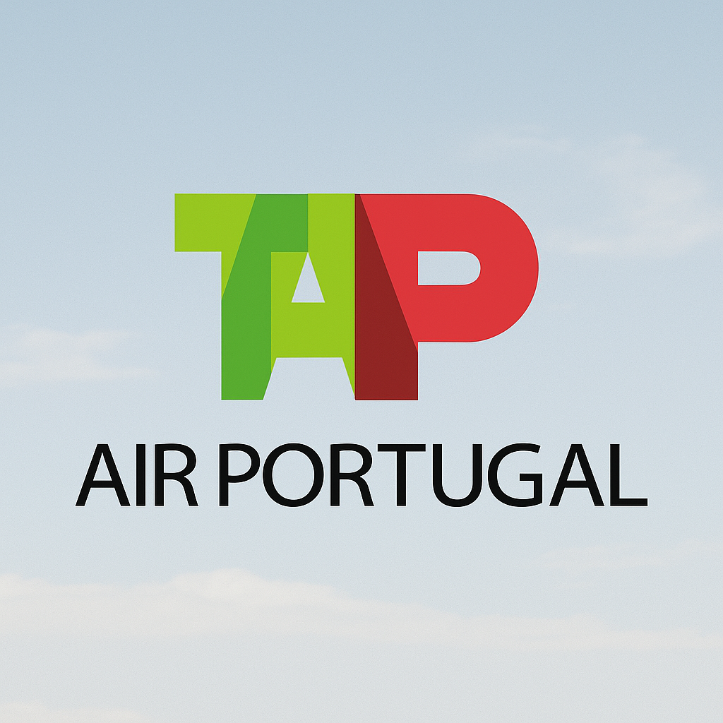 TAP Air Portugal logo with green and red overlapping letters forming 'TAP' and 'Air Portugal' in black text below, on a light sky background.