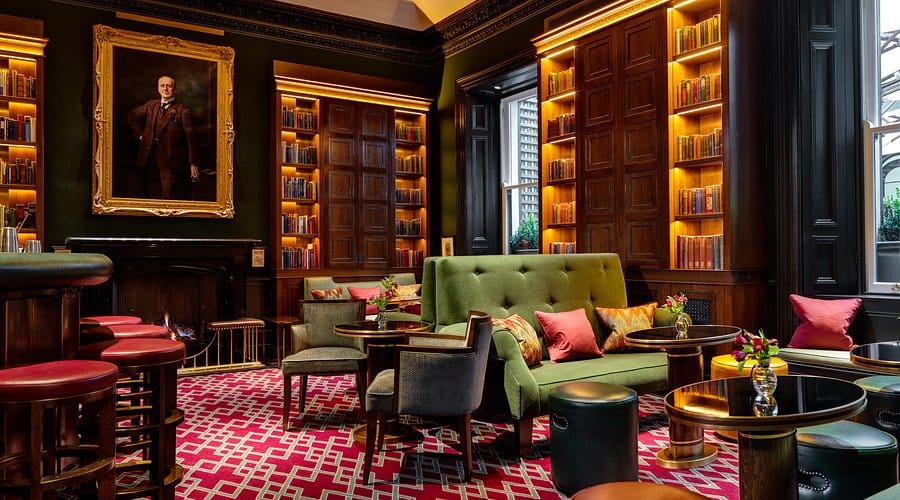 A rustic luxury bar and lounge at the The Shelbourne, Autograph Collection hotel in Dublin, Ireland.