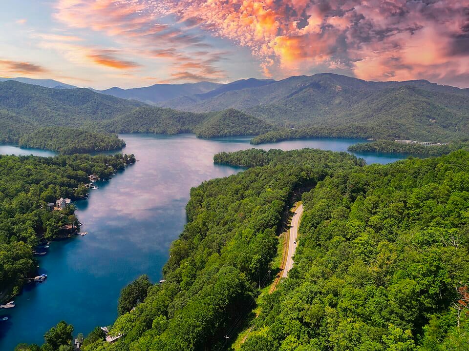 Serene mountain views and lush forests hug the quiet coves of Lake Santeetlah.