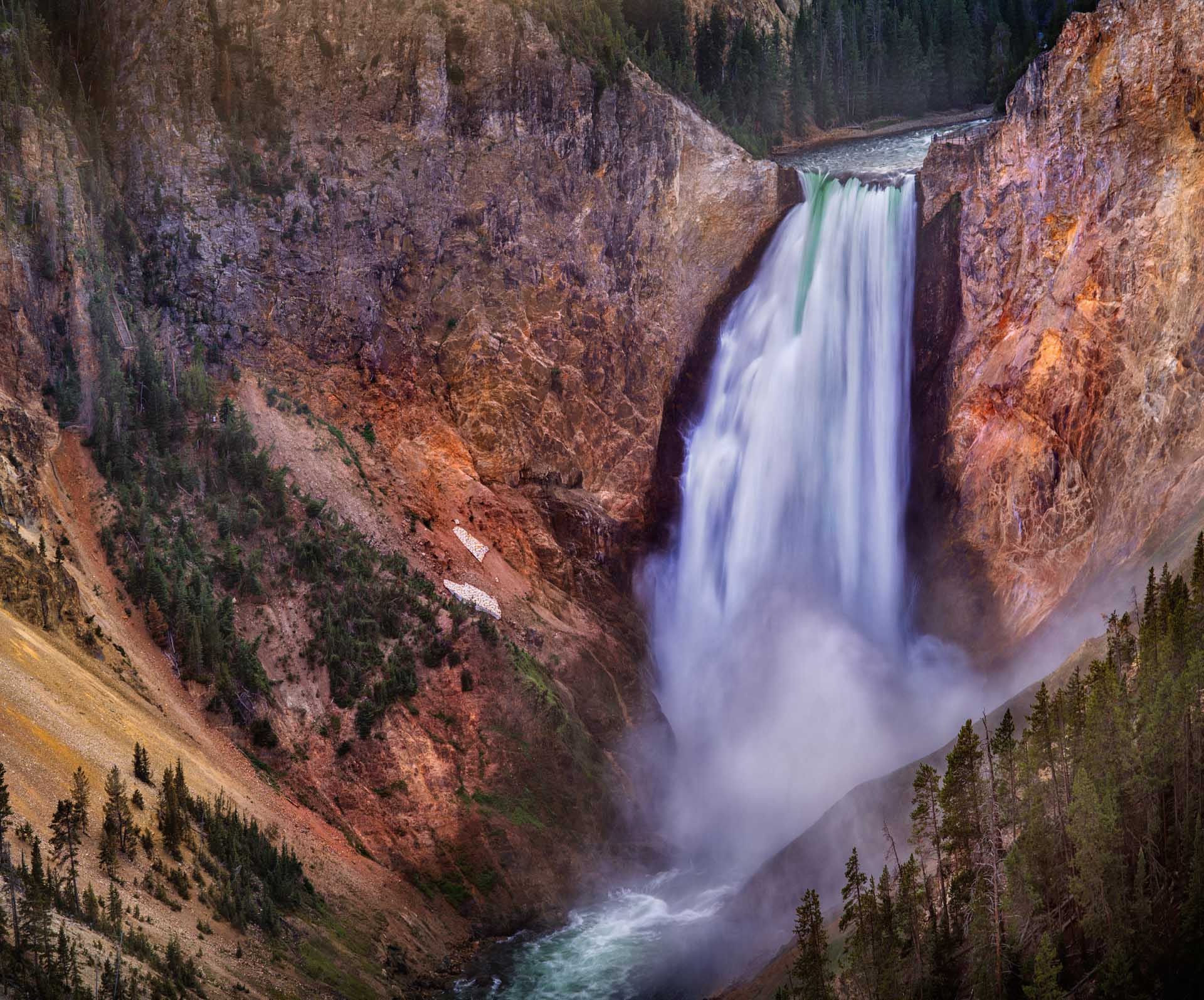 Powerful cascade at Lower Falls plunging into the Grand Canyon of Yellowstone, Wyoming.