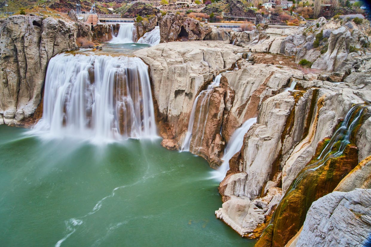 Massive Shoshone Falls, also called the “Niagara of the West,” flowing over layered rock in Idaho.