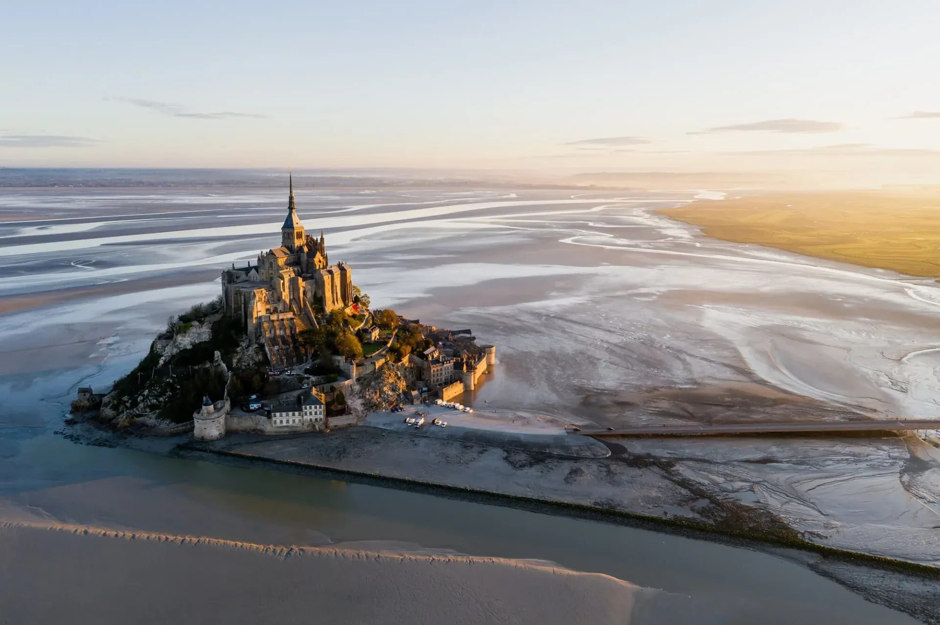 Ariel view of Mont Saint-Michel Abbey in Normandy, France