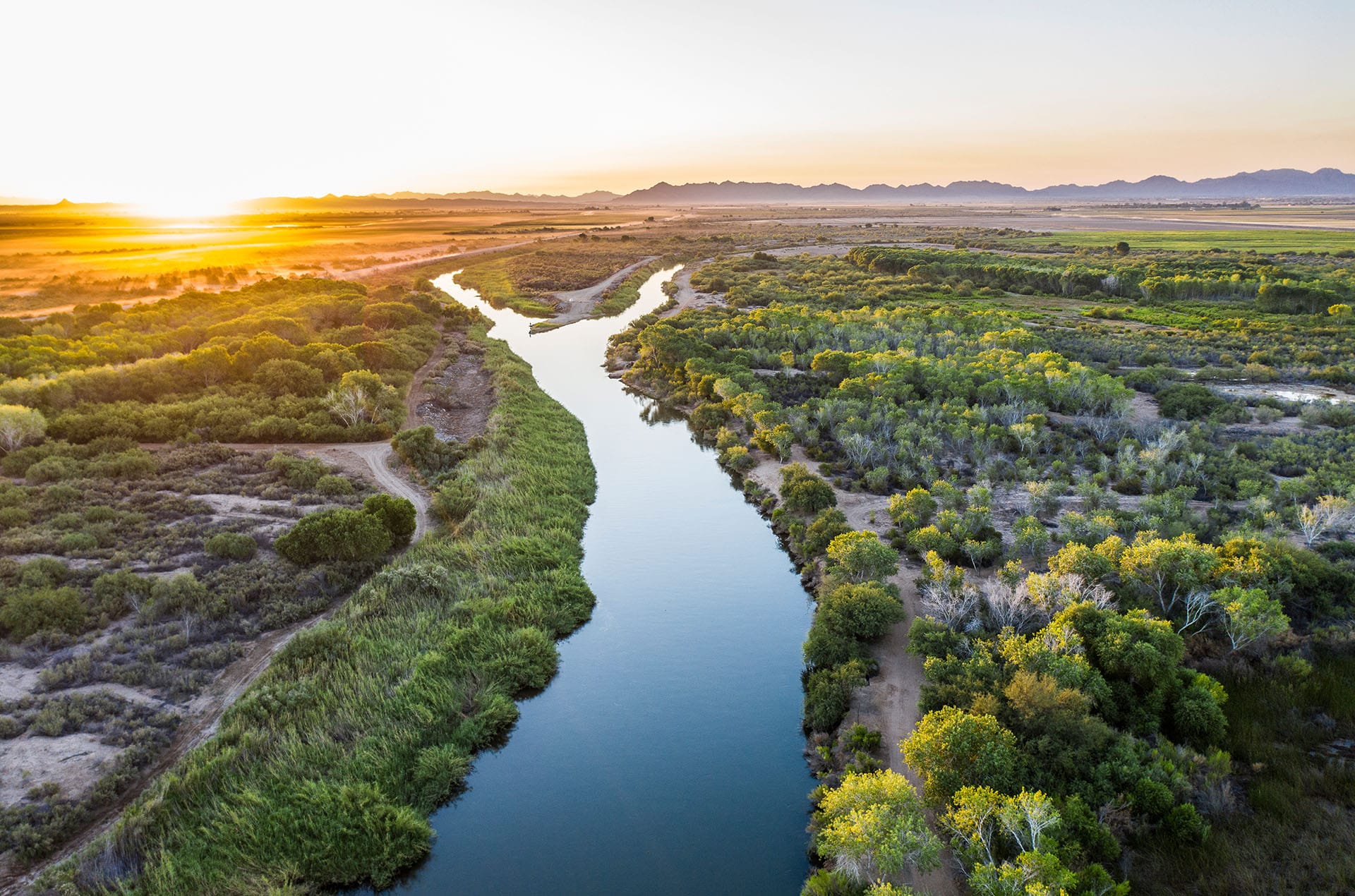 Ariel view of the Colorado River going through the East Wetlands in Yuma, Arizona at sunset.