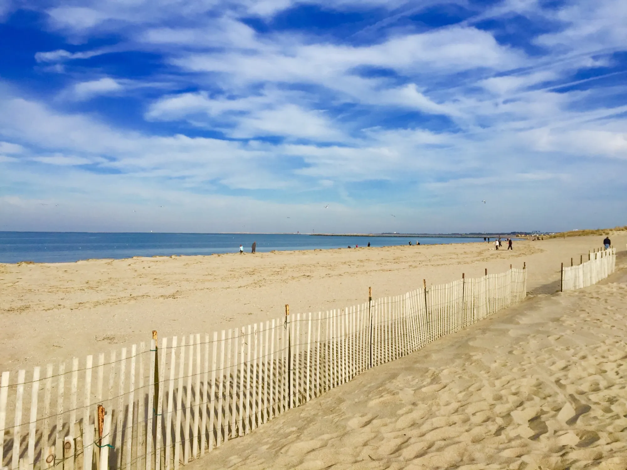 Clean, sandy shoreline at Lewes Beach, Delaware, with gentle ocean waves and a few scattered beachgoers under a clear blue sky.