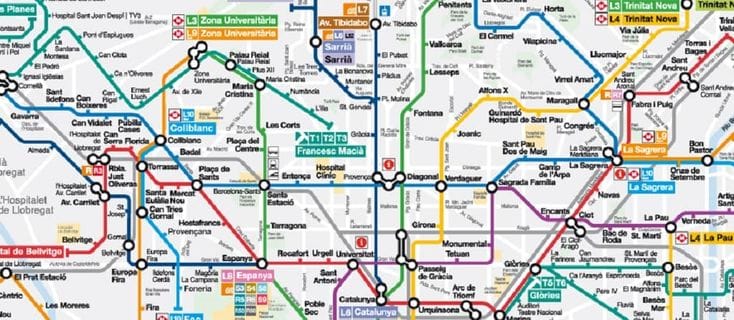 A map of Barcelona's MB Metro and Bus Network MAP.