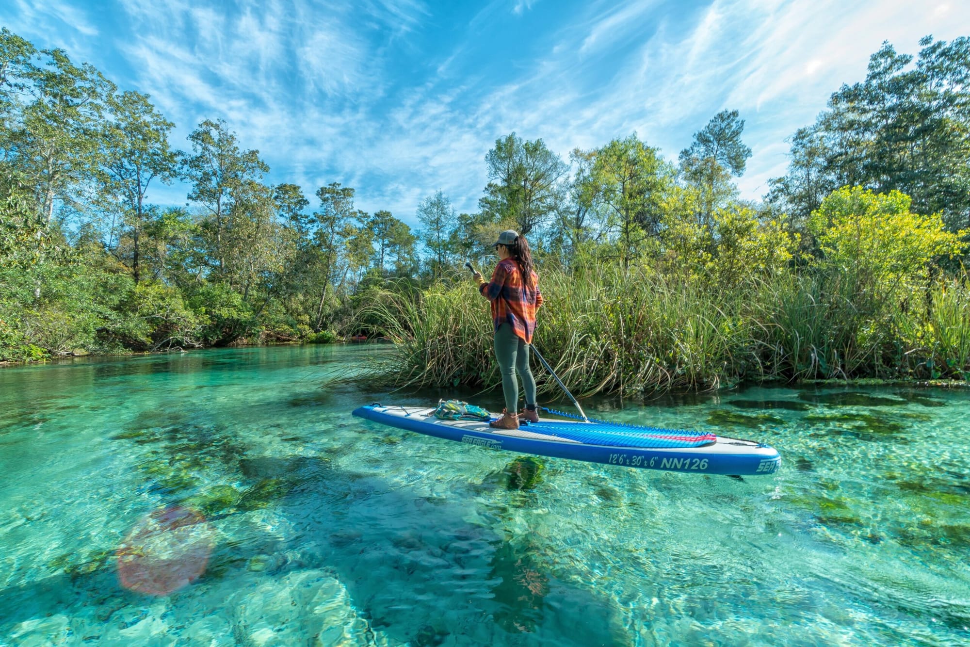 Woman paddleboarding on the clear, shallow waters of Weeki Wachee River in Florida, surrounded by reeds and tall trees under a bright blue sky.