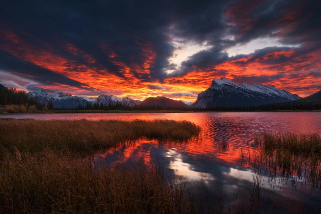 Sunset reflecting off a lake in Banff National Park.