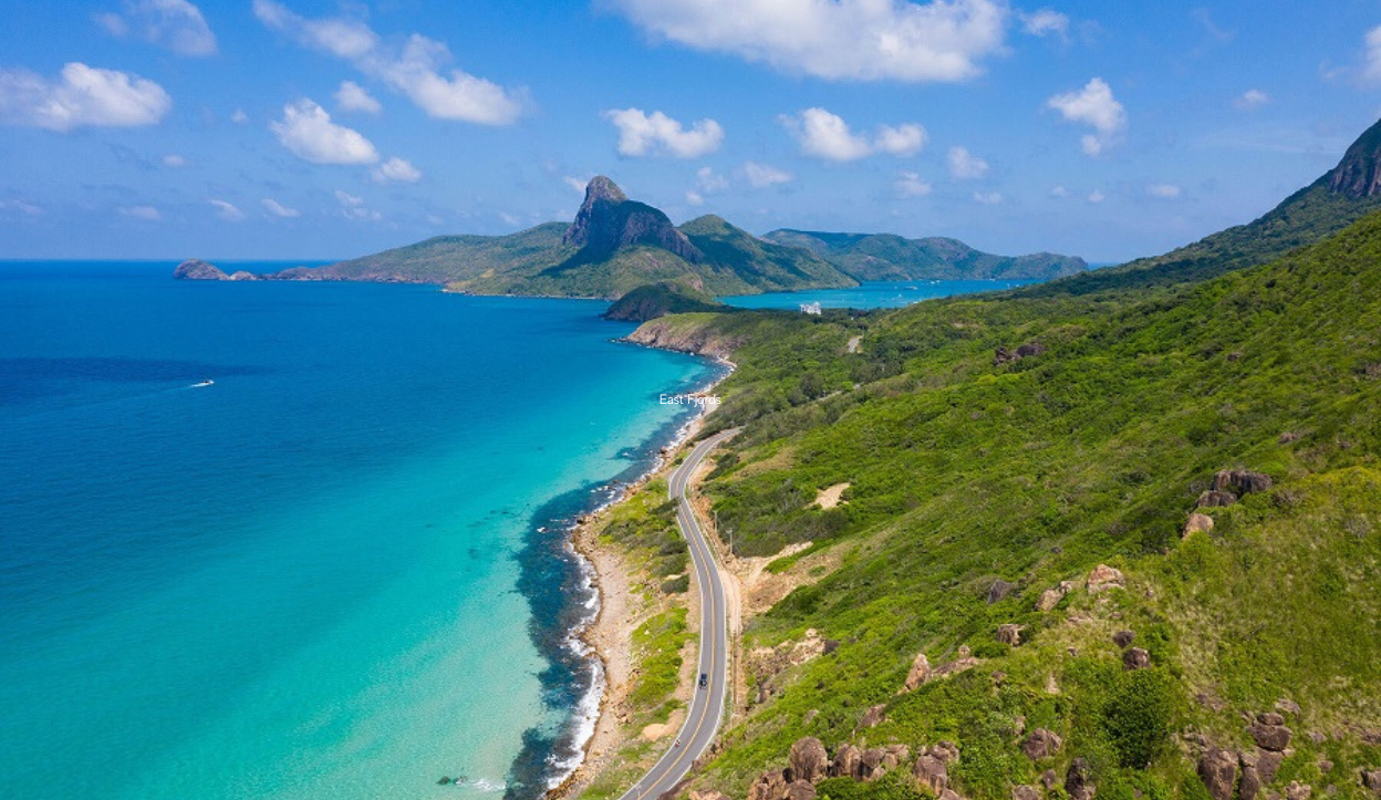 Ariel view of the mountains with pretty view of the ocean in the Con Dao Islands, Vietnam.