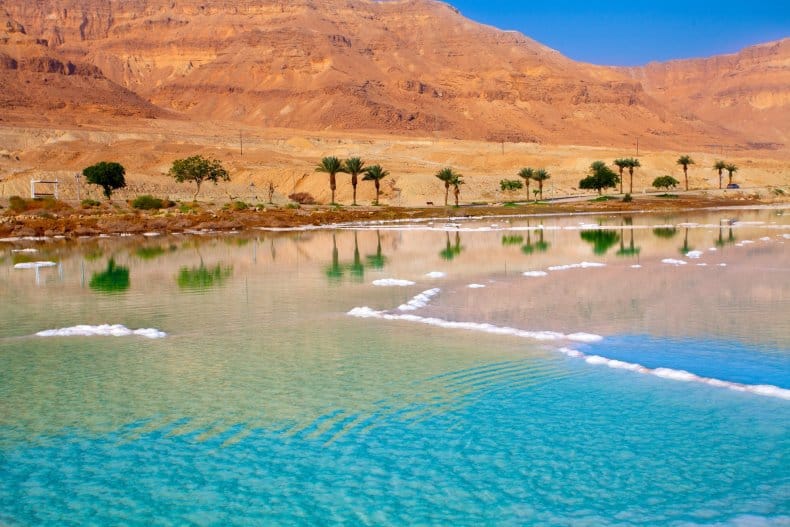 View of Ein Bokek Beach, Dead Sea with palm trees reflecting off the water.