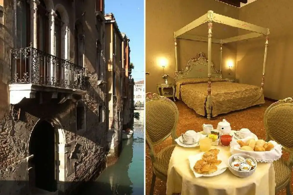 The exterior of hote Al Ponte Mocenigo in Venice, and another photo of the interior of a guest room.
