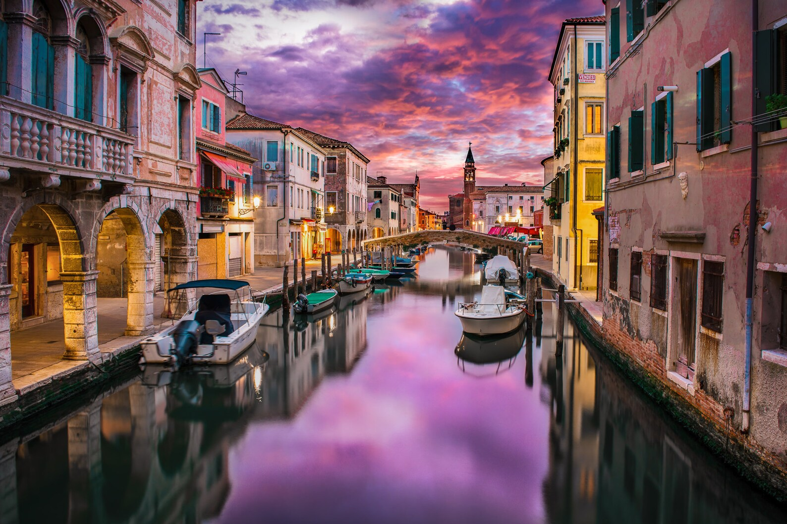 Sunset seen from a Canal in Venice, Italy.