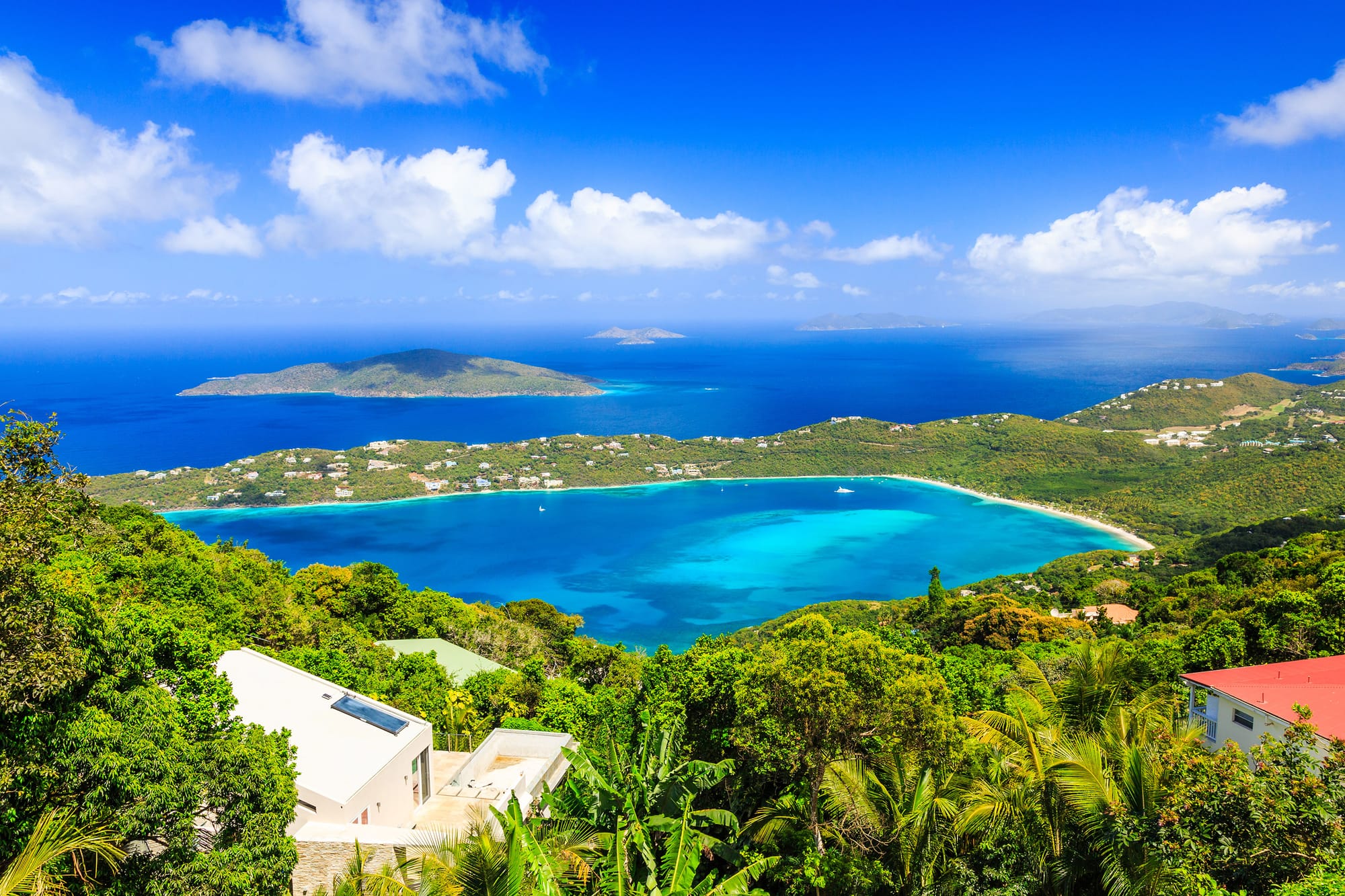 Magens Bay in St. Thomas ariel view shows beautiful waters and a nice beach protected in a bay.