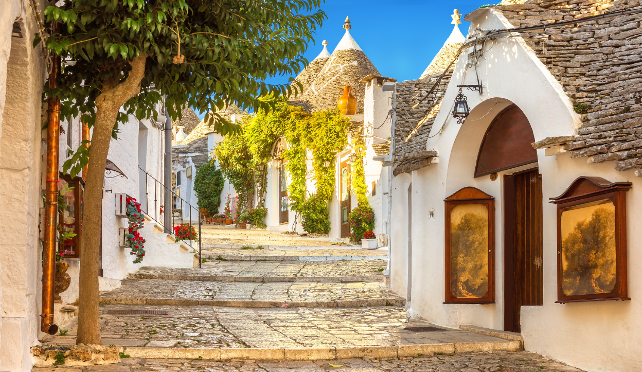 Alberobello old buildings and stone streets.