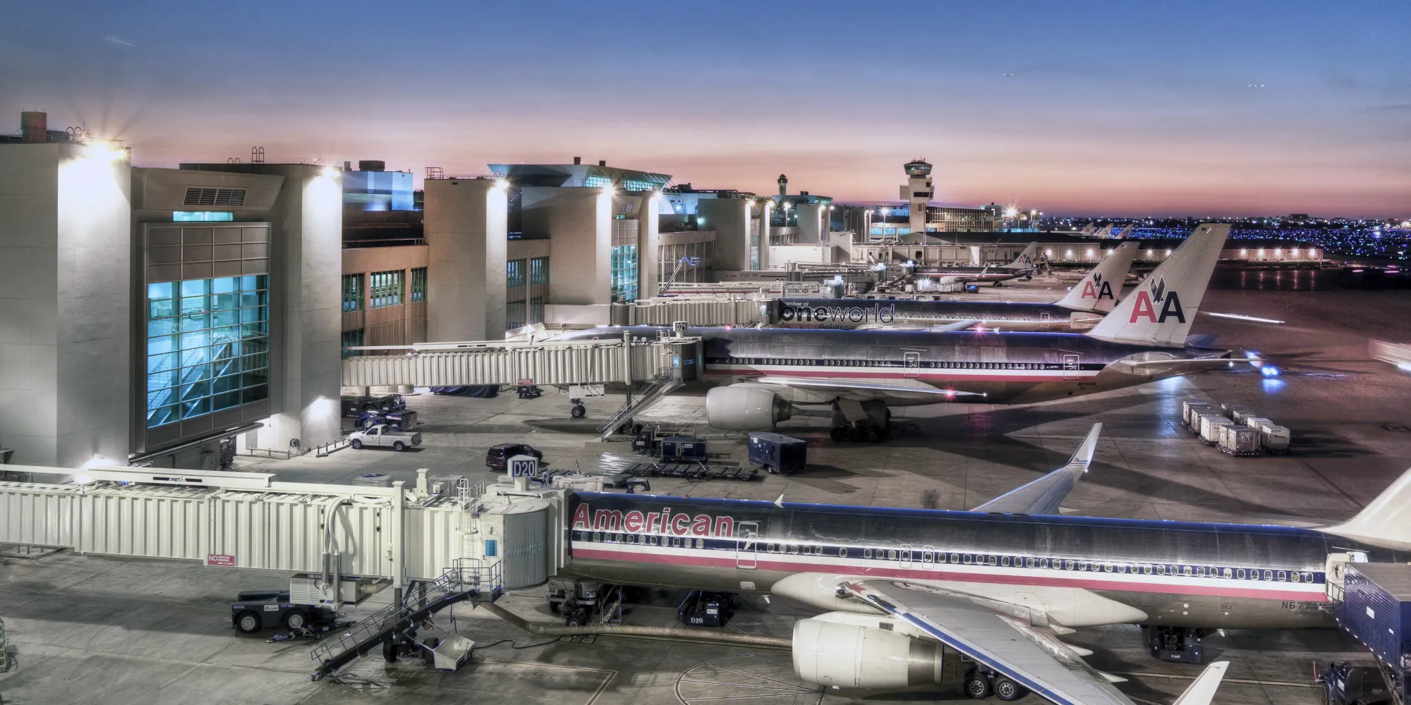 Planes parks at Miami Airport in the American Airlines terminal.