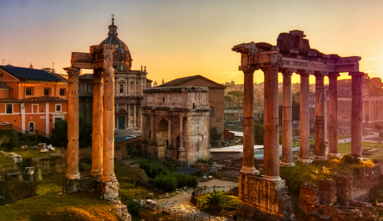 Roman Forum in Rome at dusk.