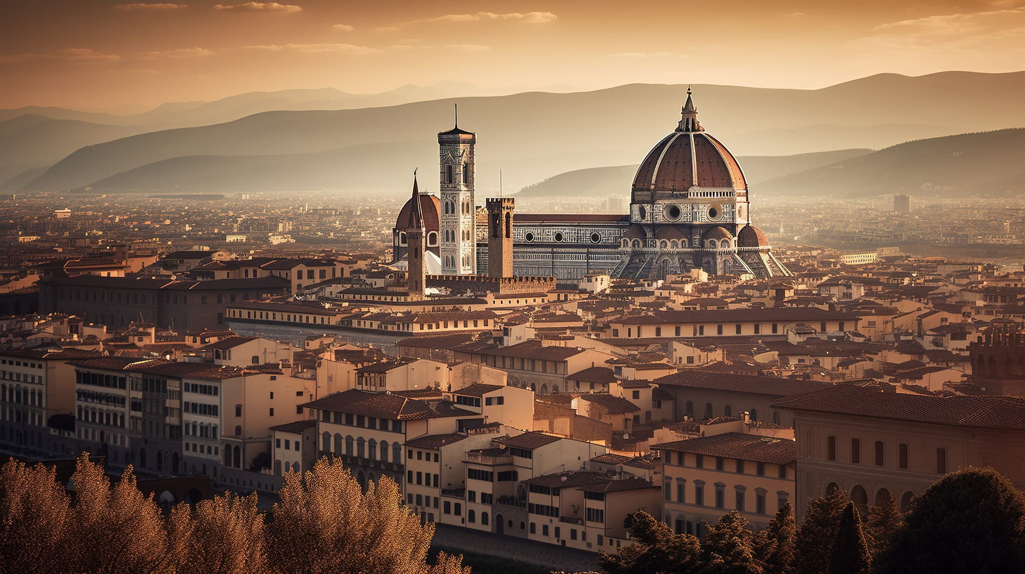 Florence, Italy at sunset with views of the cathedral dome and mountains.
