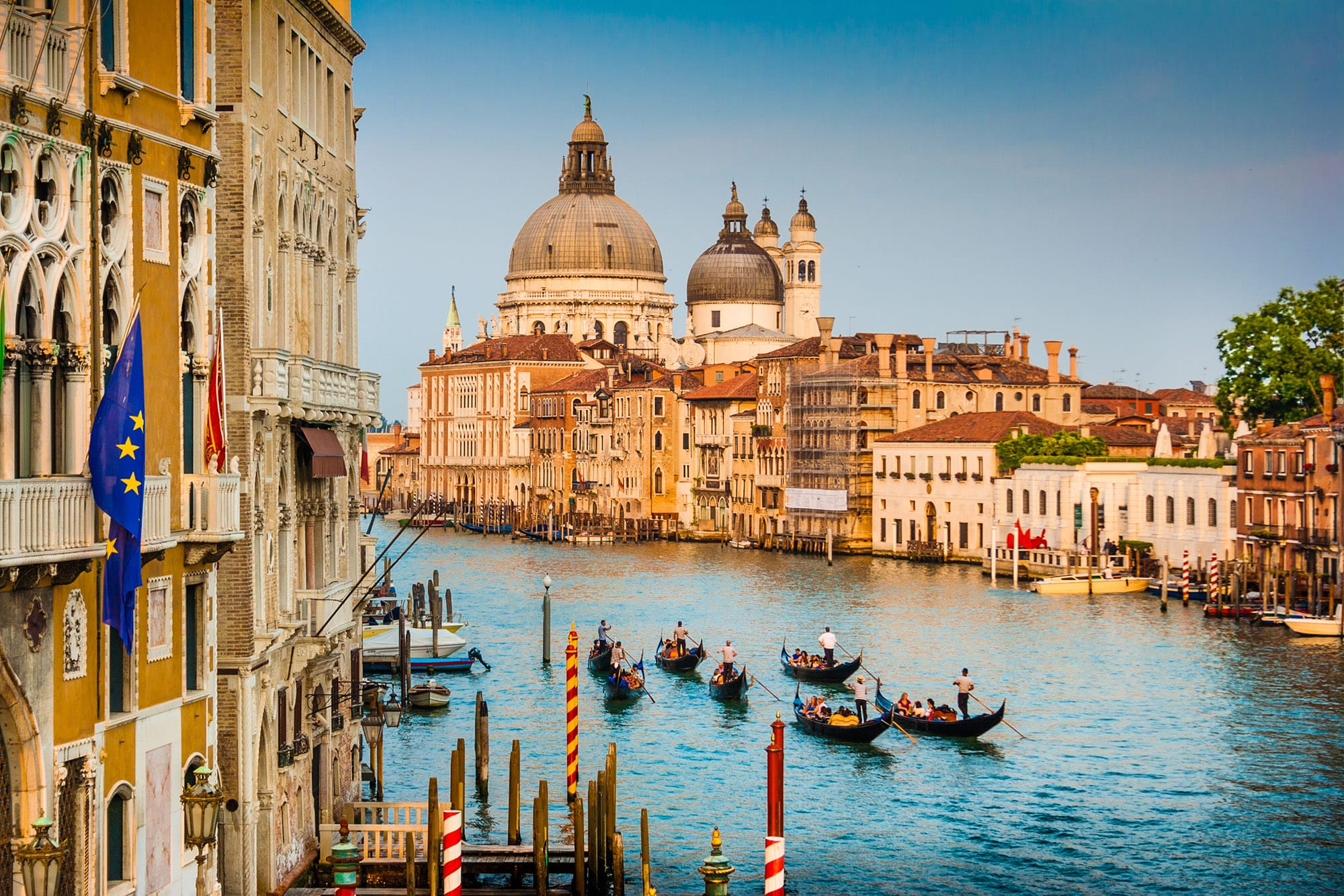 Venice, Italy grand canal with views of boat taxis.