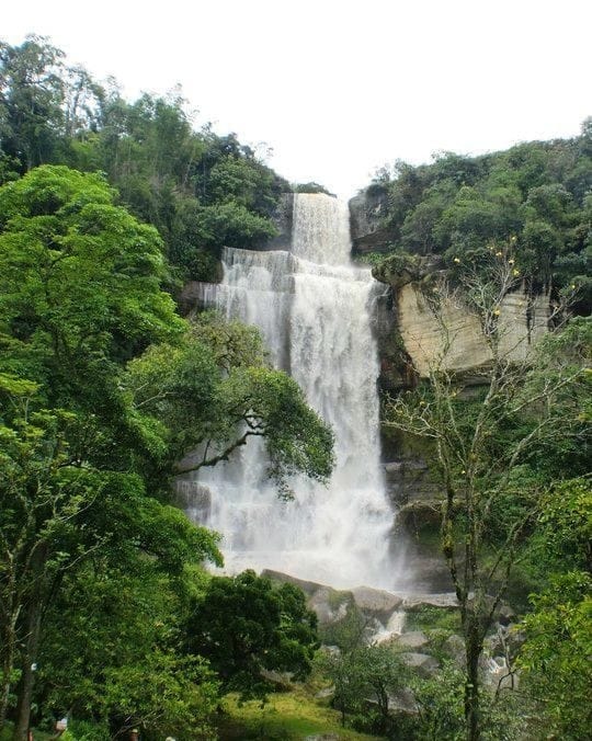 Large multi fall waterfall of Cascada El Cinco in Colombia.