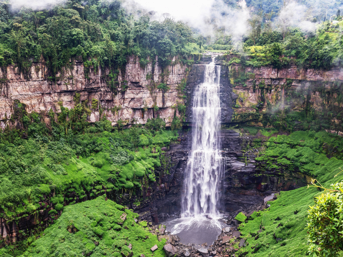A large single drop waterfall surrounded by lush green moss at Tequendama Falls in Colombia.