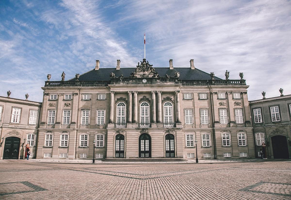 View of the front of Amalienborg Palace in Copenhagen, Denmark.