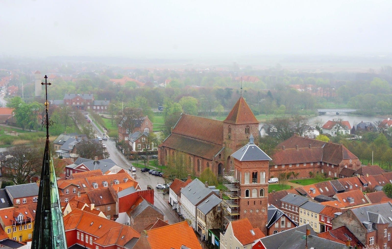 Ariel view of the Danish town of Ribe with fog setting in over the town.