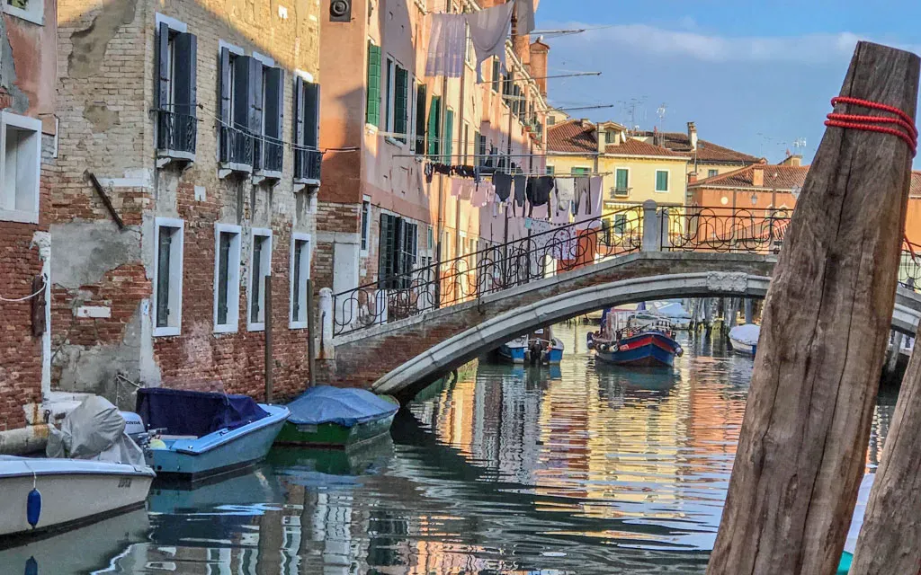 A bridge over a canal in the Castello neighborhood in Venice, Italy.