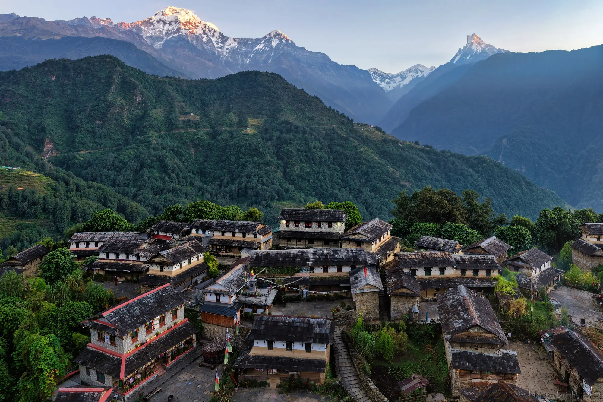 View of a pretty village in the mountains in Nepal.