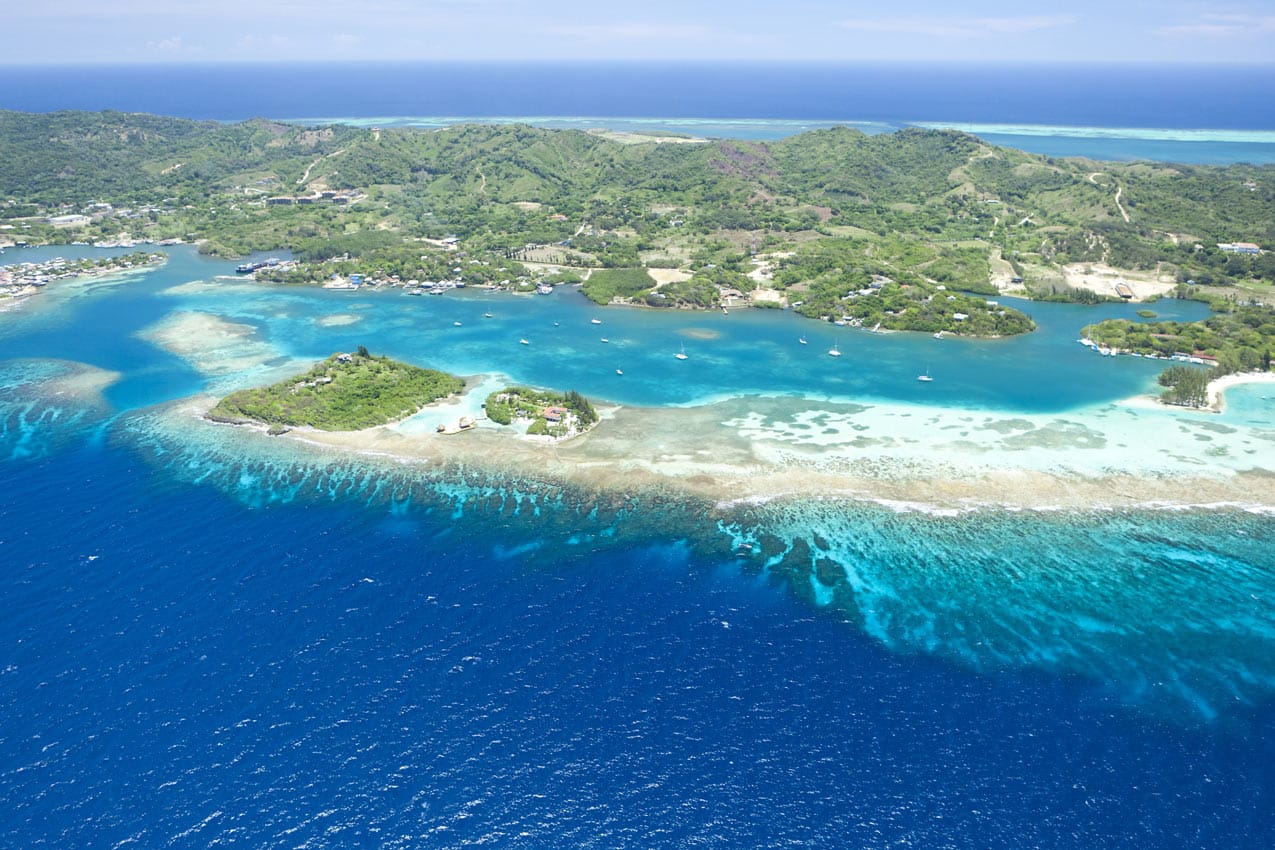 Ariel view of Roatán beaches in Honduras.
