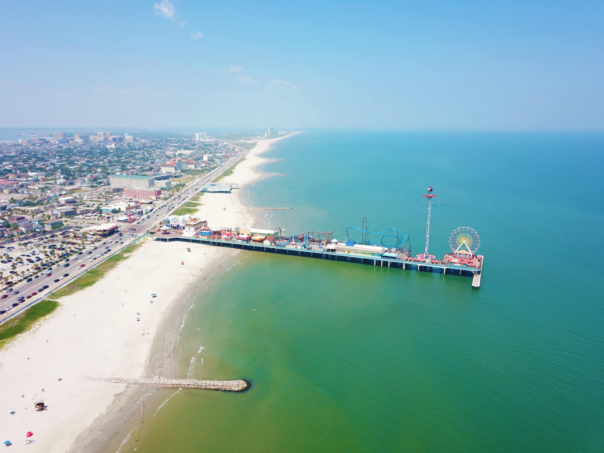 Ariel view of the beach in Galveston, Texas.