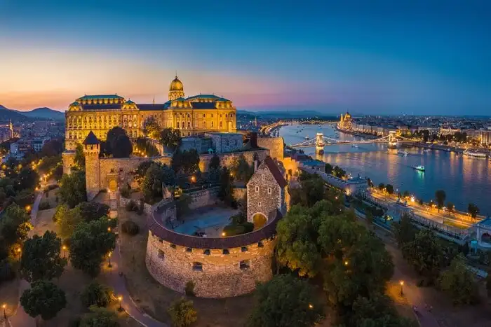 Ariel view of Buda Castle at Night.