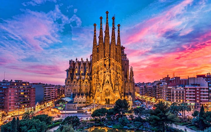 View of Sagrada Familia at Sunset in Barcelona, Spain