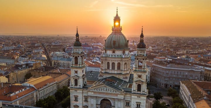 Ariel view of St. Stephen's Basilica at sunset in Budapest, Hungary. 