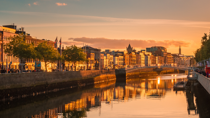 River running through Dublin, Ireland at Sunset