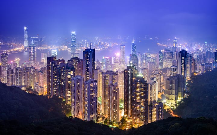 Over looking the skyline of Hong Kong at night from the top of Victoria Peak.