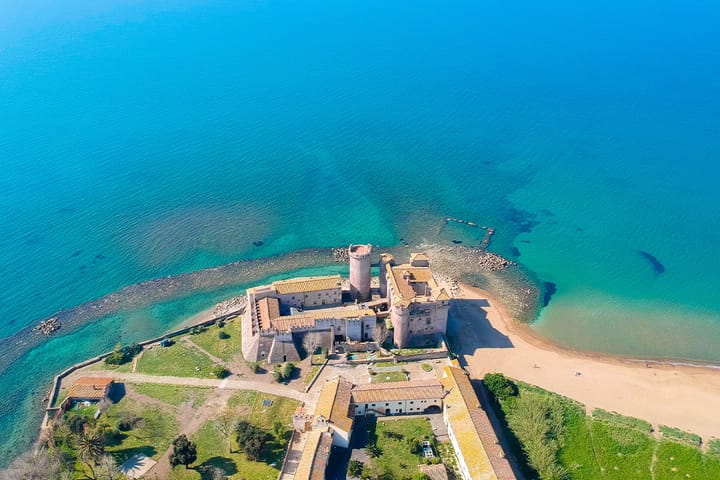 Ariel view of a castle structure at Santa Severa Beach.
