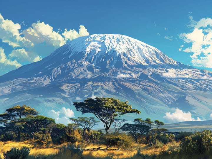 Snow-capped Mount Kilimanjaro rising above the savannah and acacia trees in southern Kenya under a bright blue sky.
