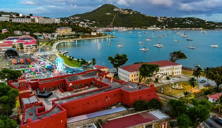 Ariel view of Charlotte Amalie, St. Thomas at Dawn as the sun is about to rise.