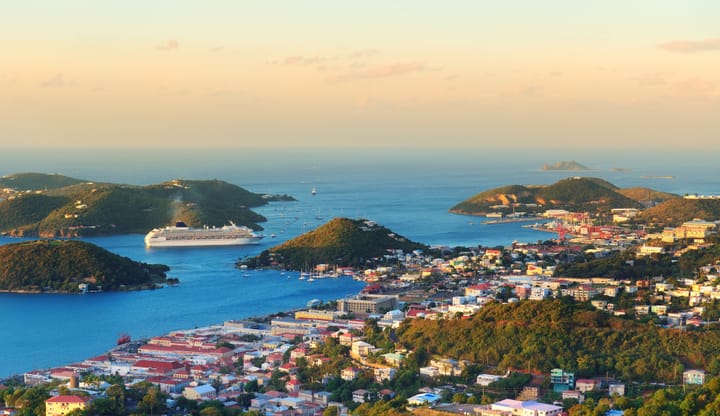 View if a cruise ship docking in St. Thomas USVI.