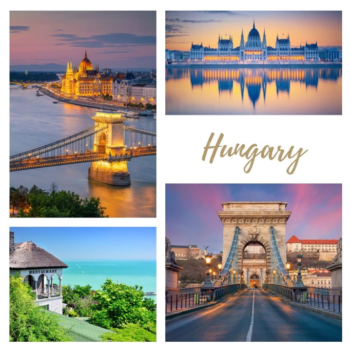 Collection of destinations in the country of Hungary that shows lake Balaston, and Budapest.