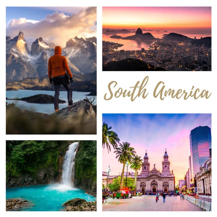 Multiple destinations in South America showing a man hiking, a water fall, and a city center.