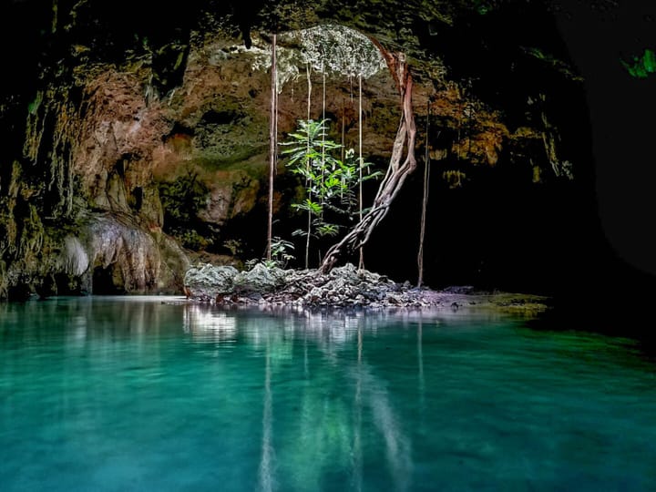 Cenote sinkhole with clear waters in Tulum, Mexico.