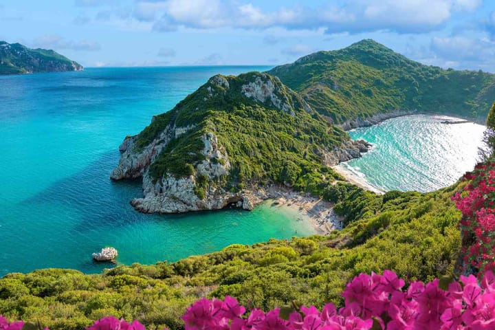 Ariel view of Corfu Island with mountains and flower with ocean views.