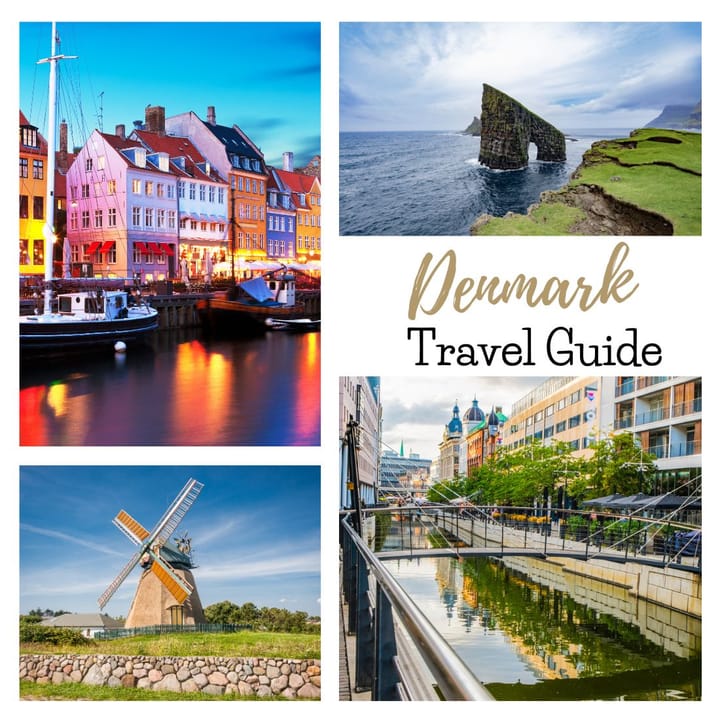 Scenes and landmarks inside of Denmark depicting a travel guide.
