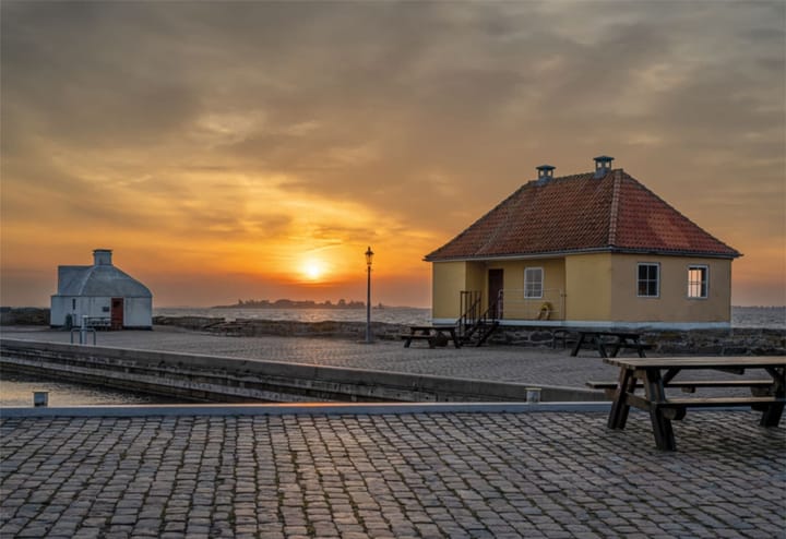Sunset in seaside village in Denmark.